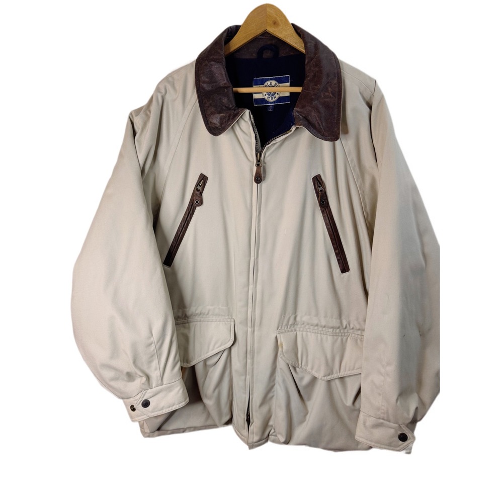 Vintage RARE Bugle Boy Mens XL Jacket Coat Leather Trim Wool Cotton Beige Heavy